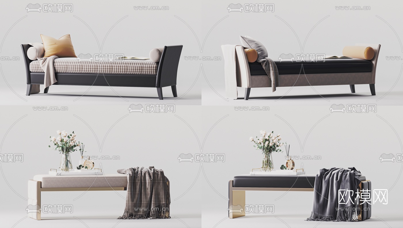 现代布艺床尾凳脚踏3d模型下载（渲染图1）