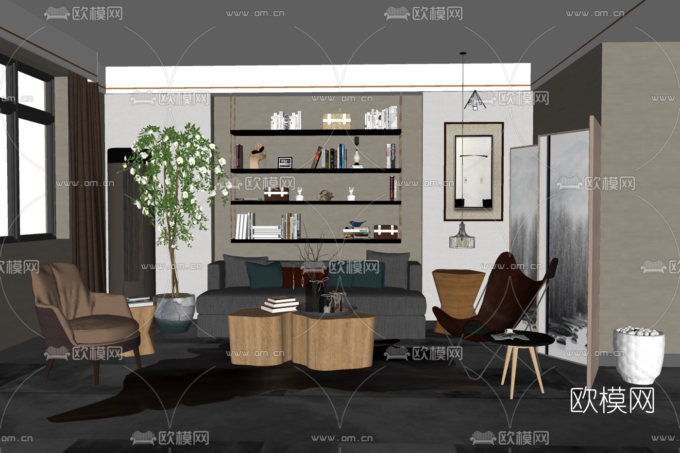 北欧布艺组合沙发免费su模型