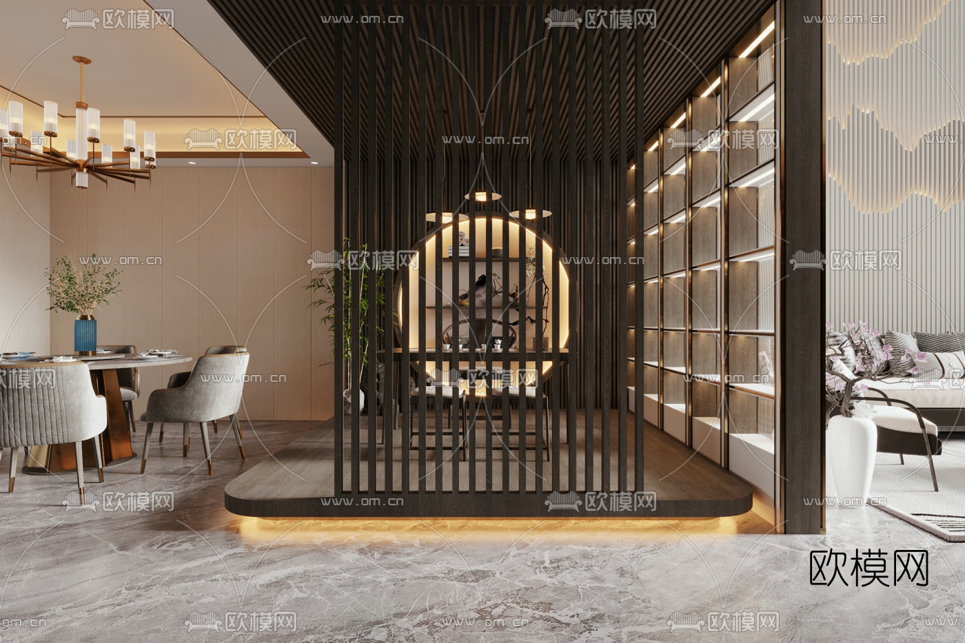新中式别墅客厅餐厅3d模型