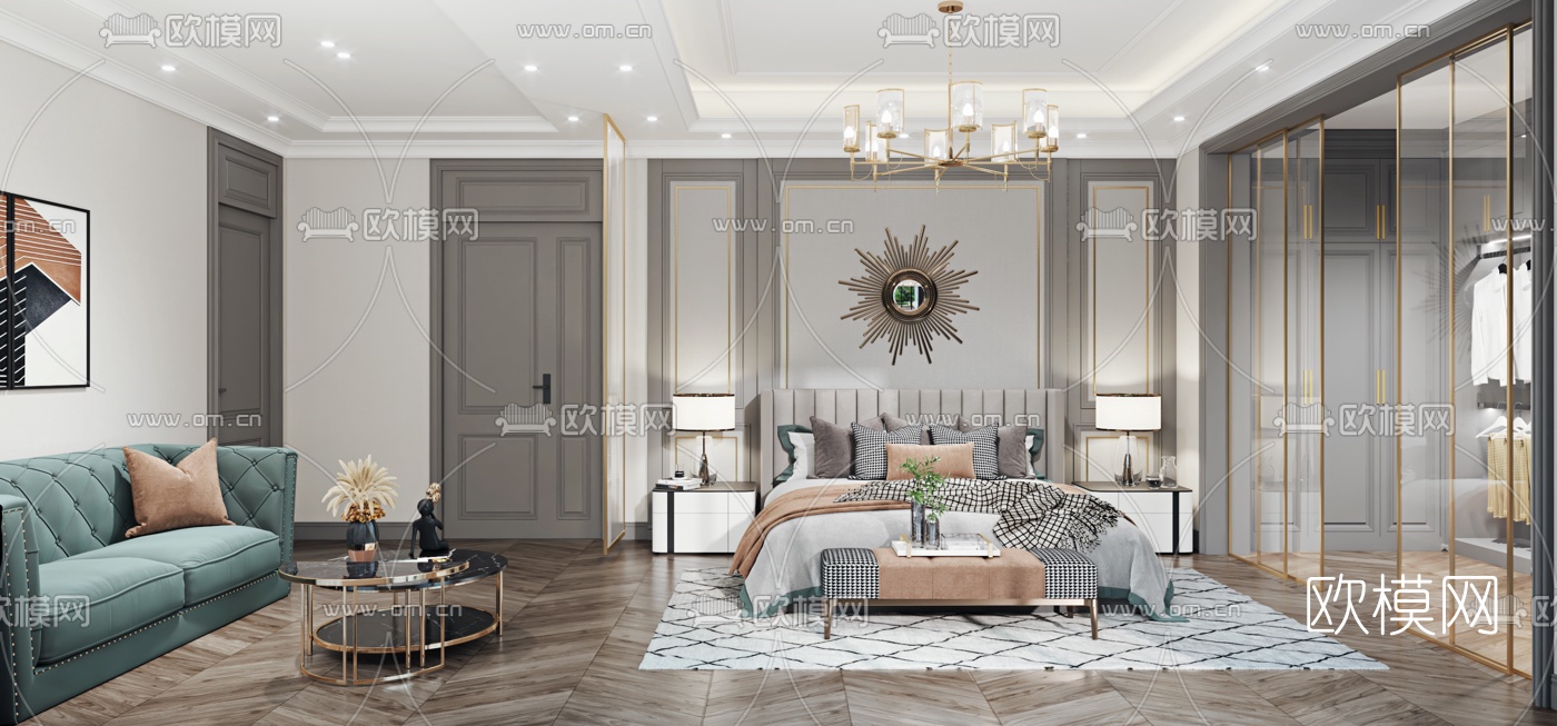 简欧轻奢主人房卧室3d模型下载（渲染图2）