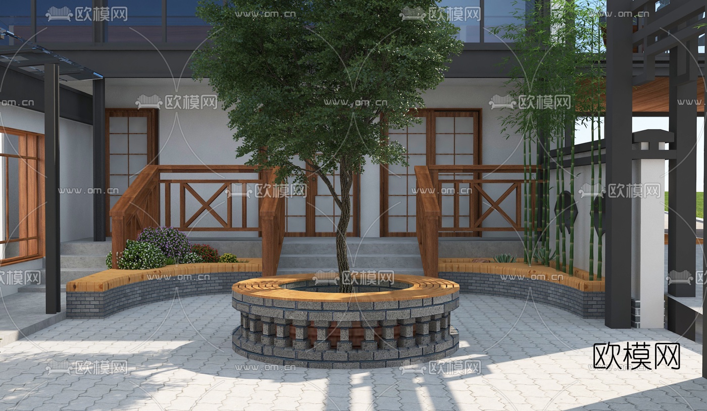 新中式农家乐建筑外观免费3d模型下载（渲染图2）