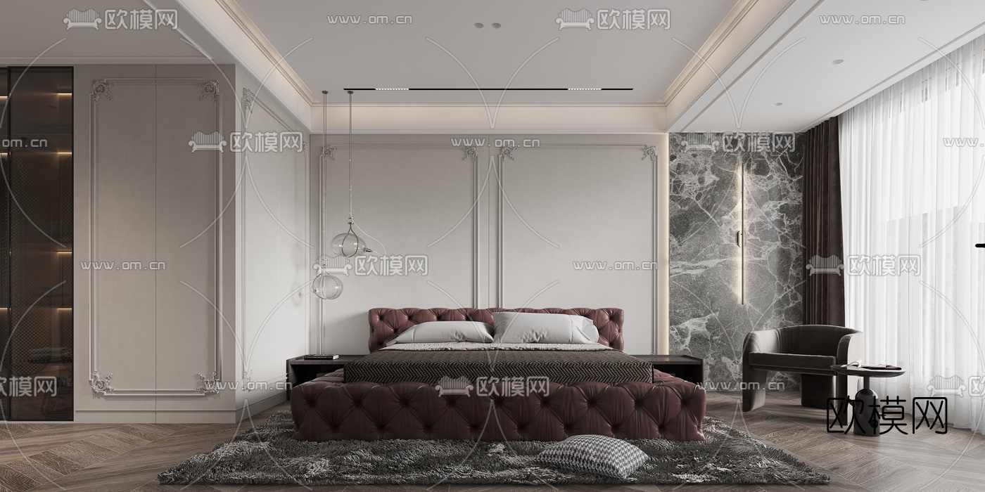 简欧卧室卫生间3d模型下载（渲染图1）