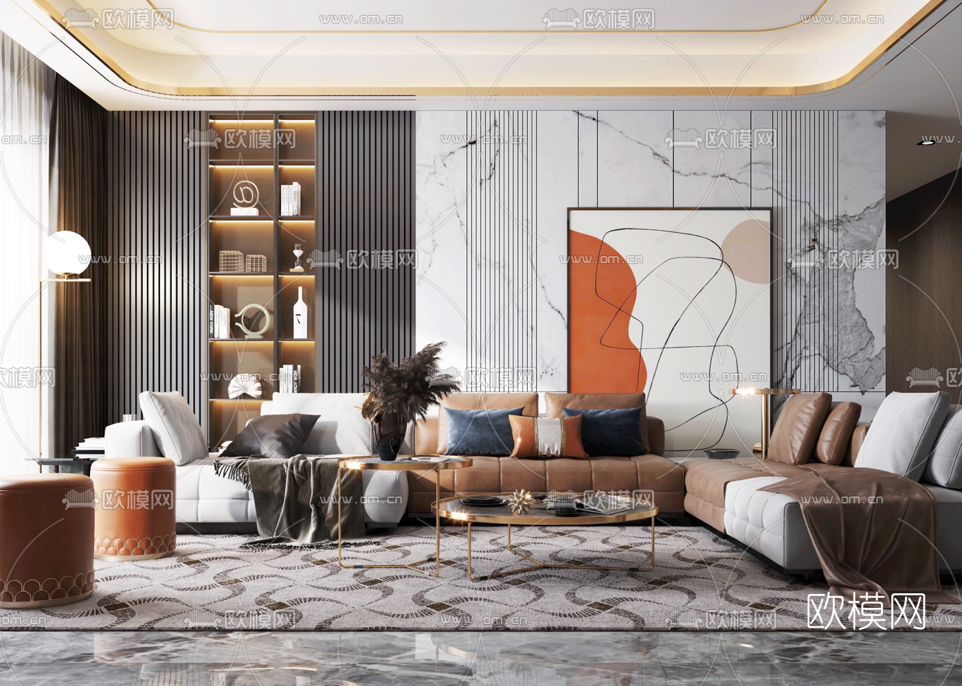 现代轻奢转角沙发茶几组合3d模型下载