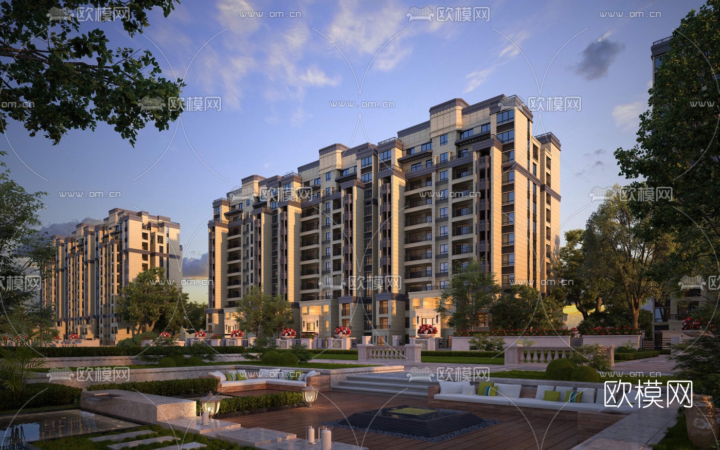 现代小区黄昏花园景观3d模型下载