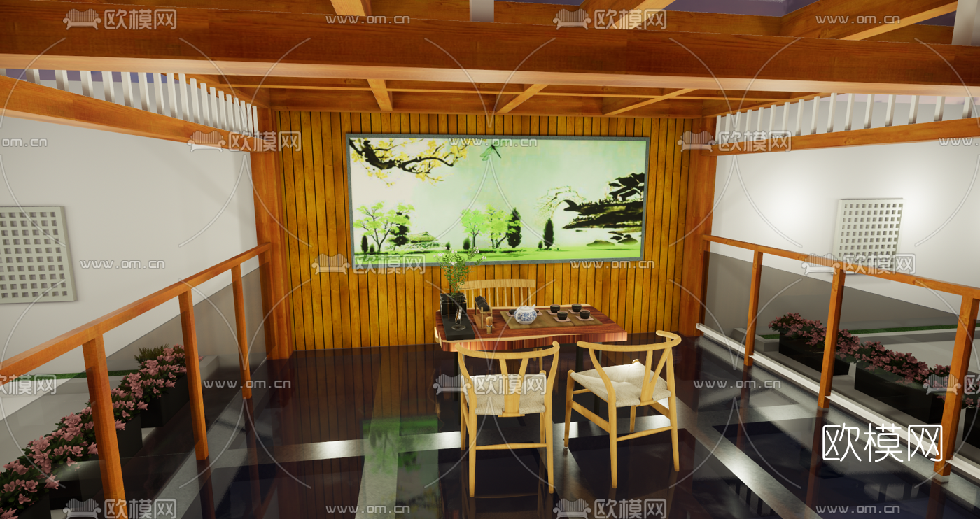 新中式花园凉亭免费3d模型下载（渲染图5）