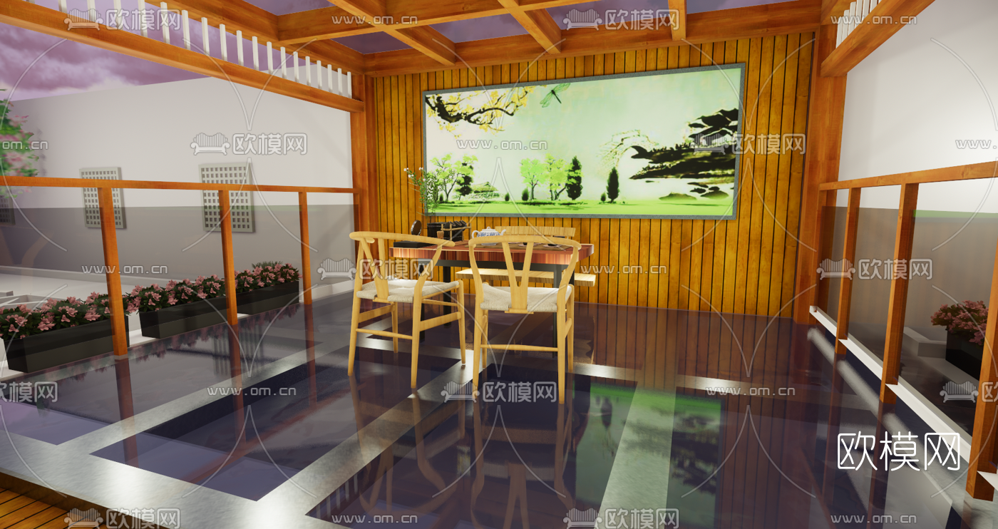 新中式花园凉亭免费3d模型下载（渲染图2）