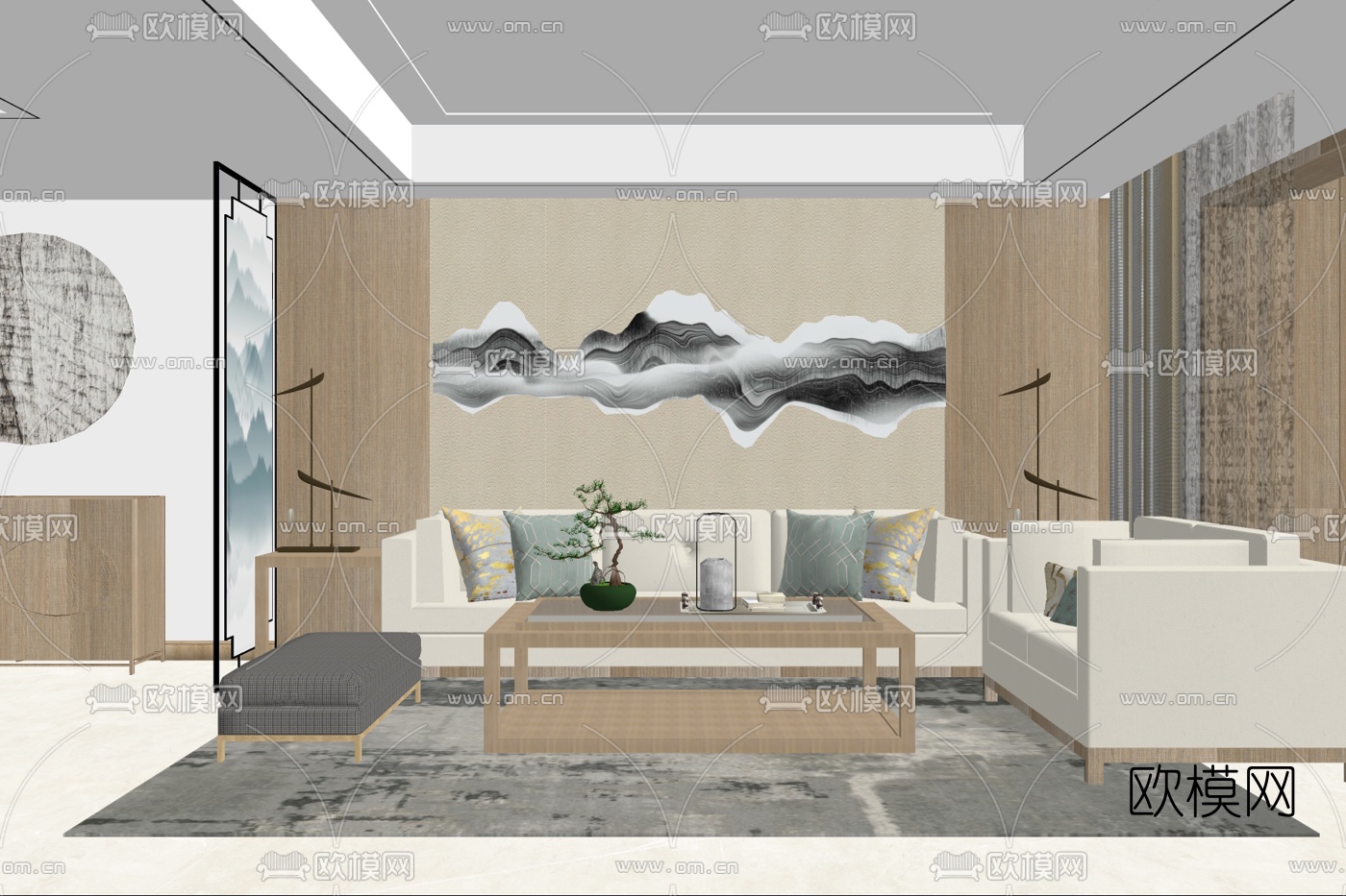 新中式布艺组合沙发su模型下载