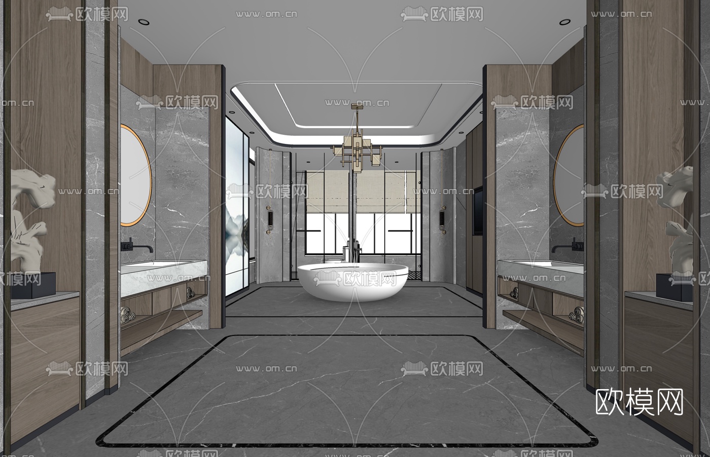 新中式别墅豪华浴室卫生间su模型下载（渲染图2）