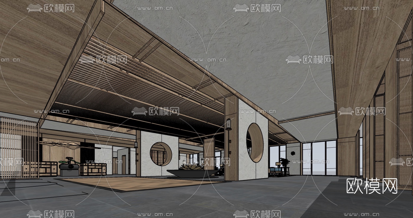 新中式度假酒店大厅su模型下载（渲染图2）
