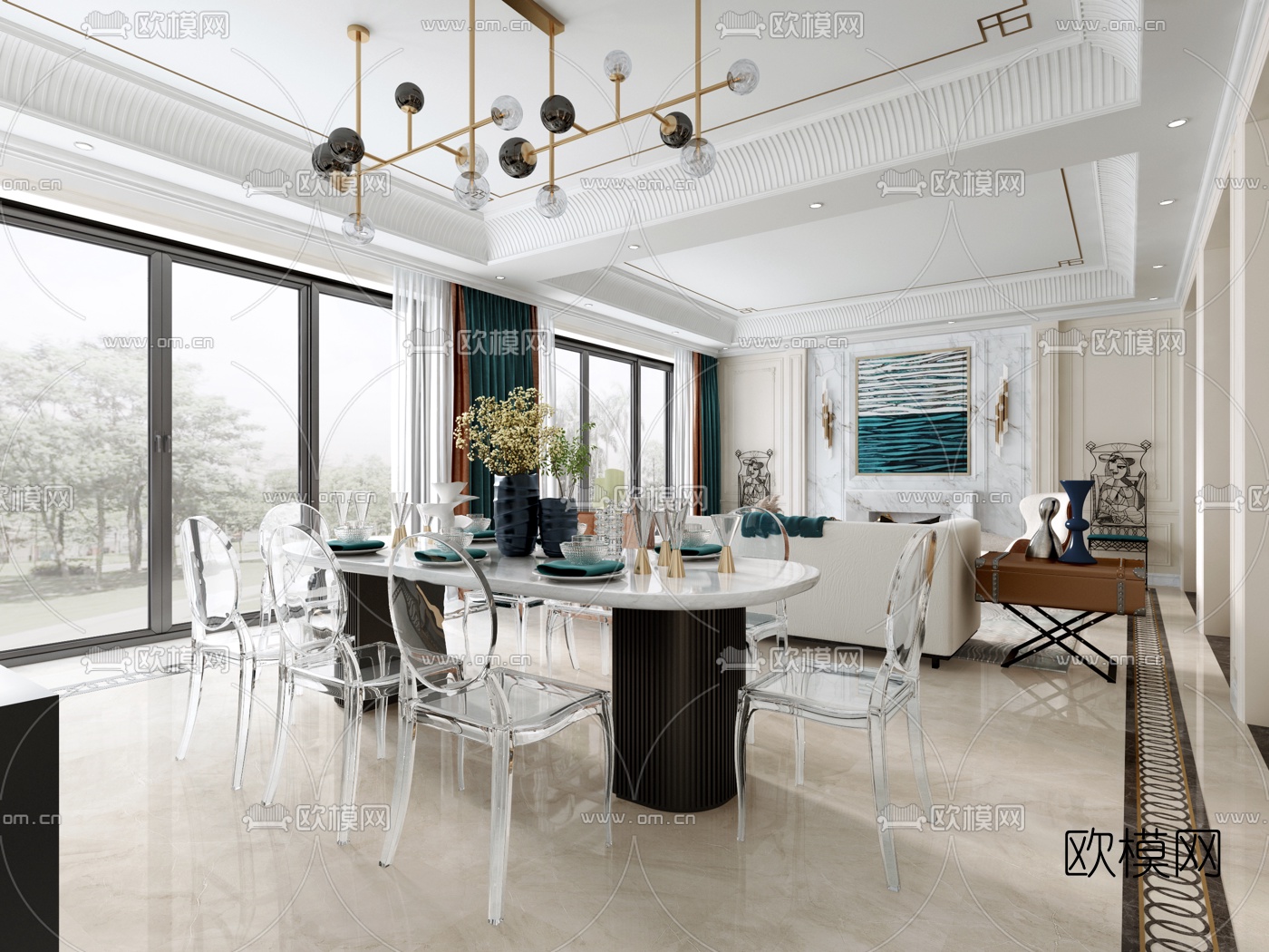 简欧混搭客厅餐厅3d模型下载（渲染图3）