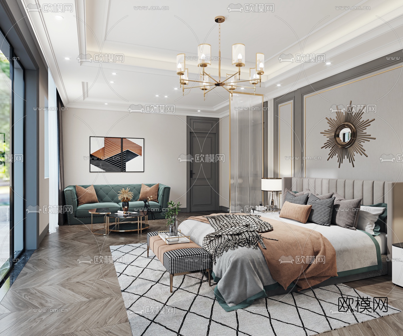 简欧轻奢主人房卧室3d模型下载（渲染图3）