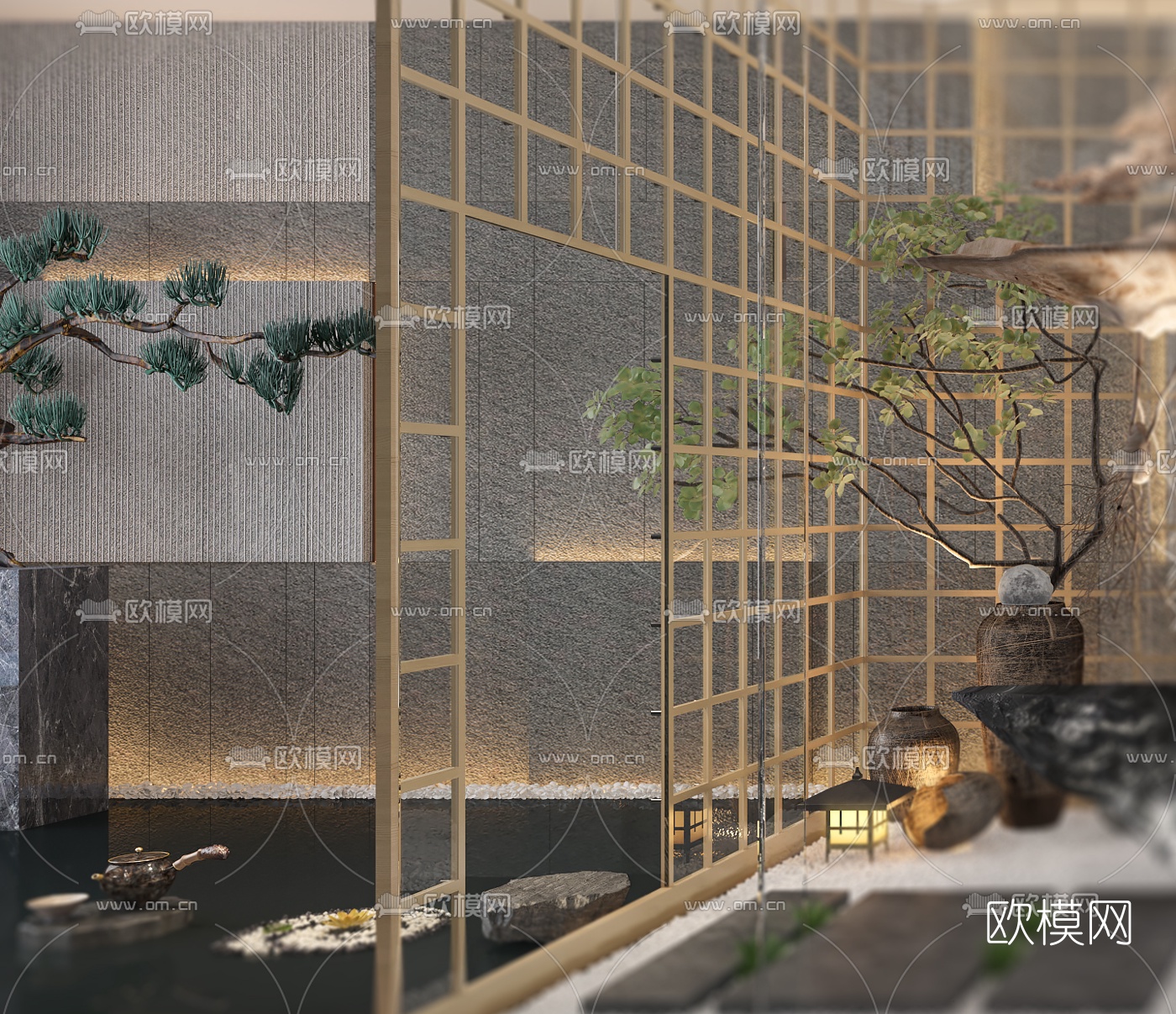 新中式枯山水景观小品3d模型下载（渲染图4）