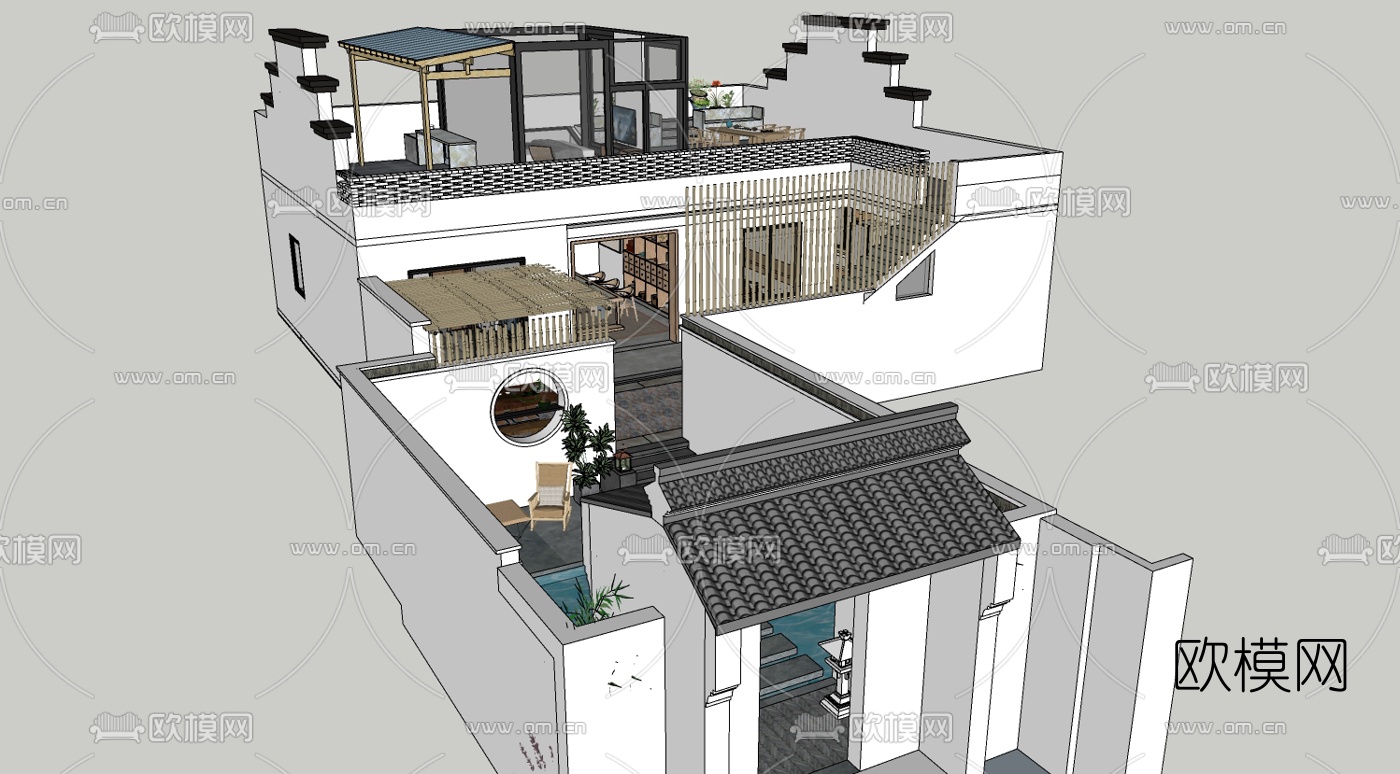 中式酒店民宿su模型