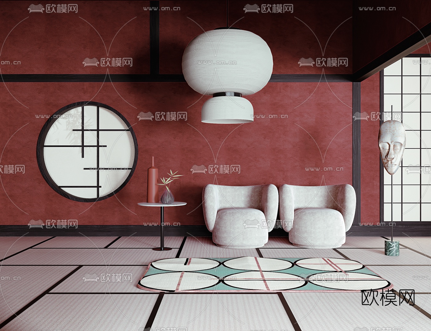 新中式布艺单人沙发边几3d模型下载