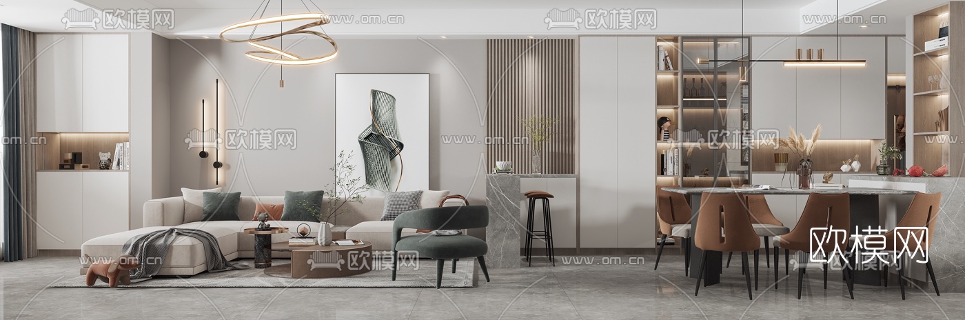 现代轻奢客厅餐厅3d模型
