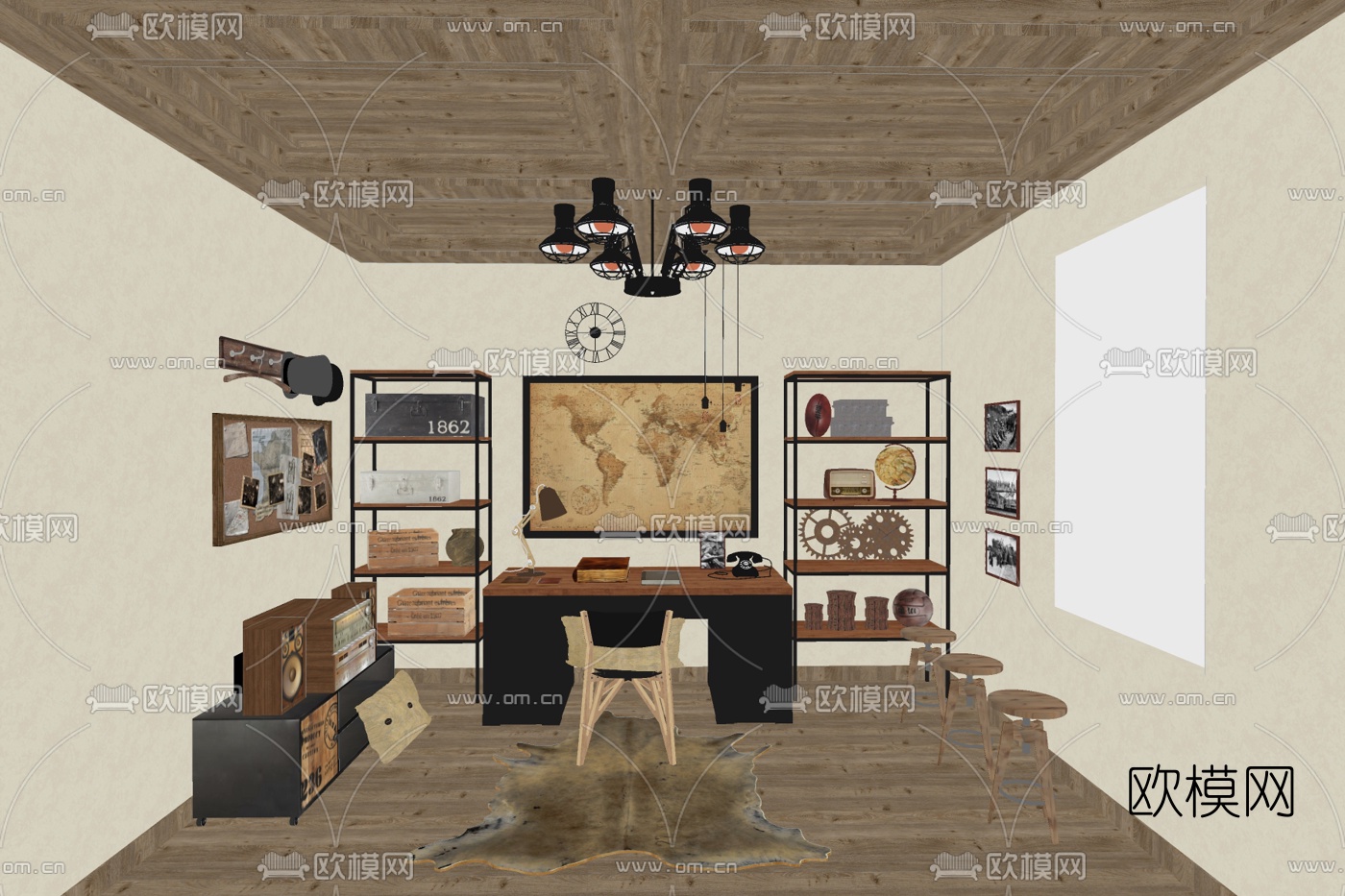 现代书房su模型下载