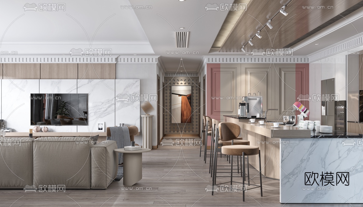 简欧轻奢客厅餐厅3d模型下载（渲染图4）
