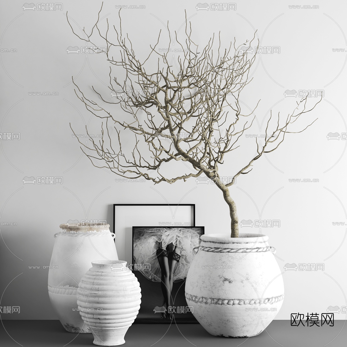 北欧陶罐干枝摆件挂画3d模型下载