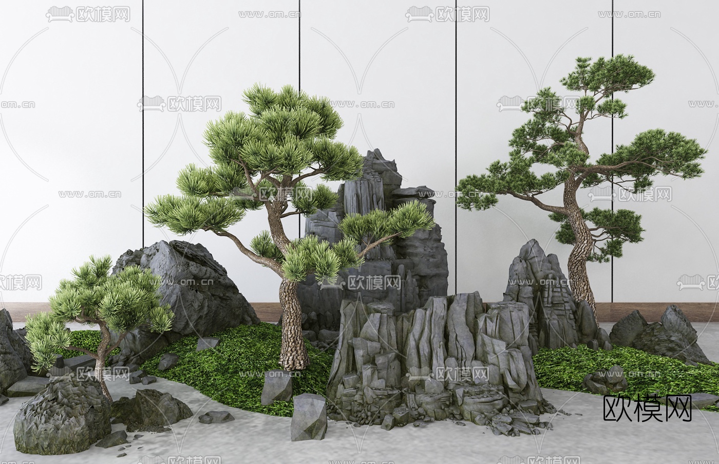 新中式假山松树景观小品3d模型