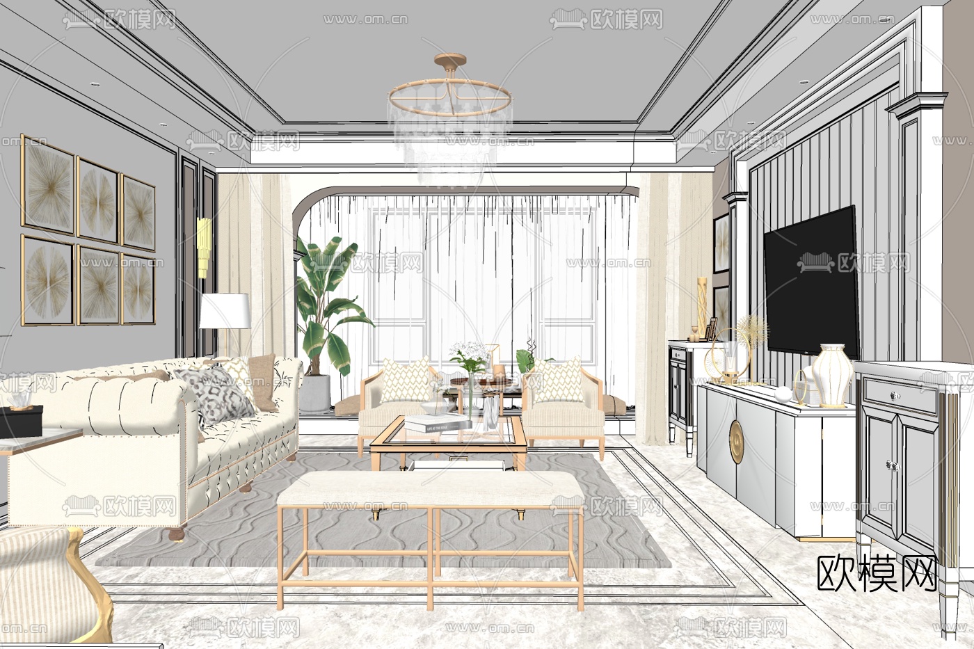 简欧轻奢客厅免费su模型下载_ID10084149_sketchup模型下载-欧模网