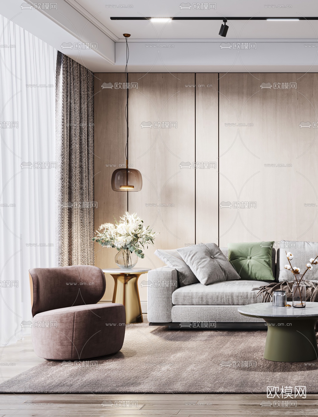 现代轻奢布艺沙发组合3d模型下载（渲染图2）