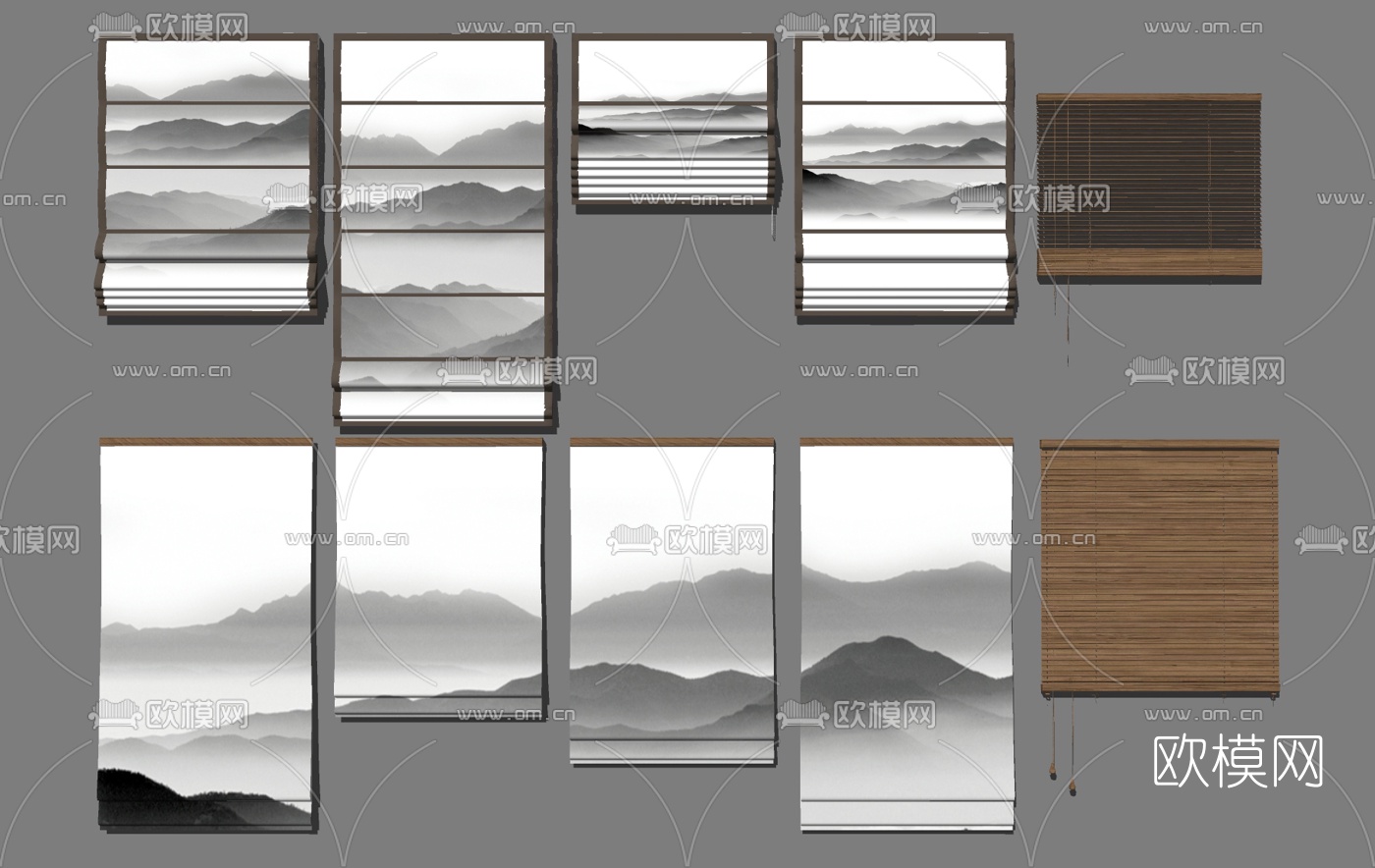 新中式山水画卷帘百叶竹帘su模型
