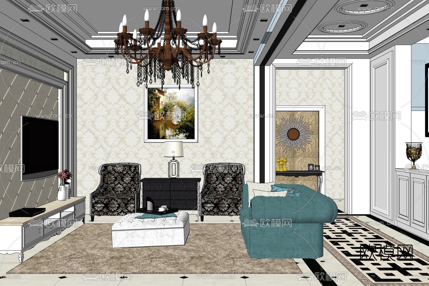 简欧客厅免费su模型下载