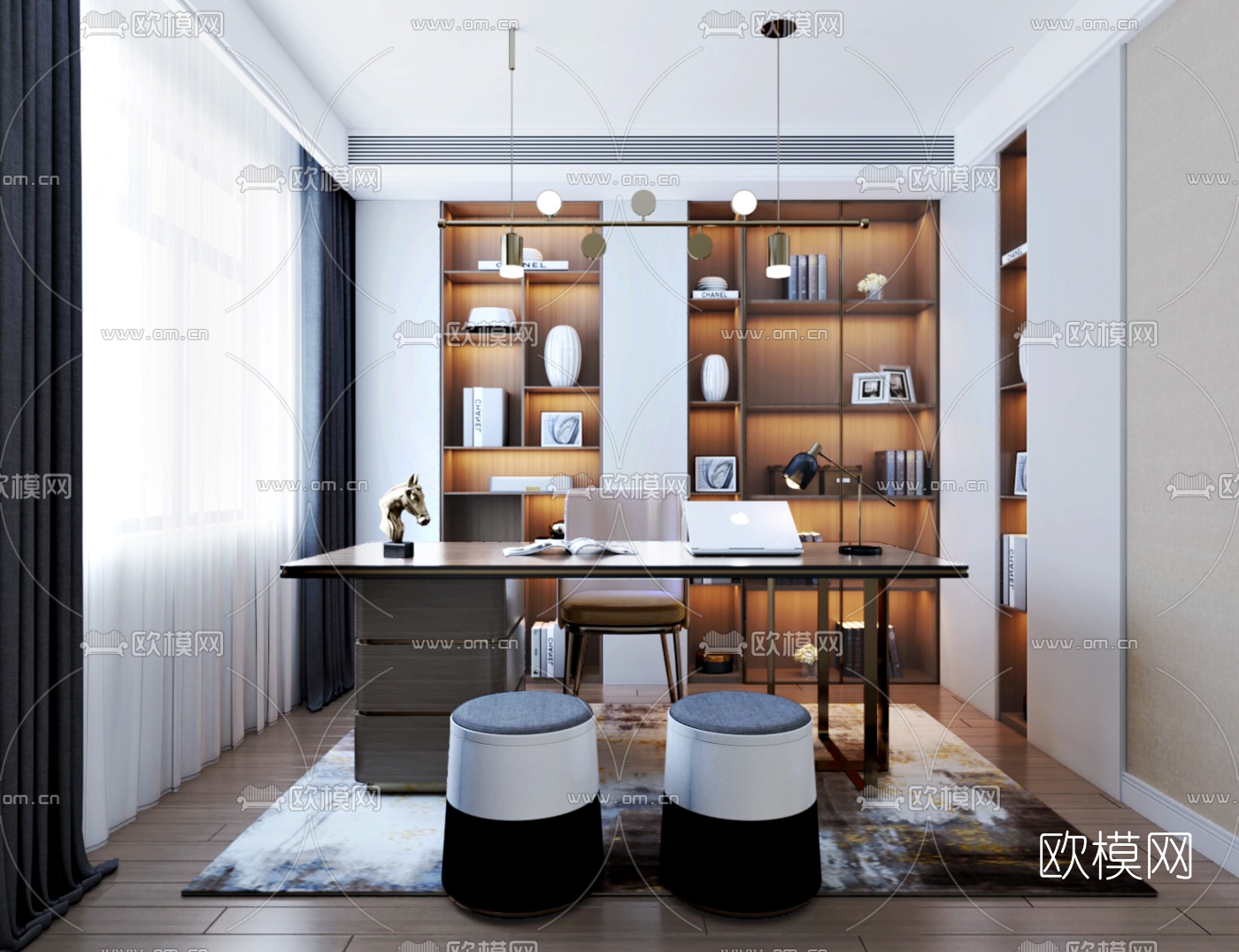 现代书房3d模型下载（渲染图1）