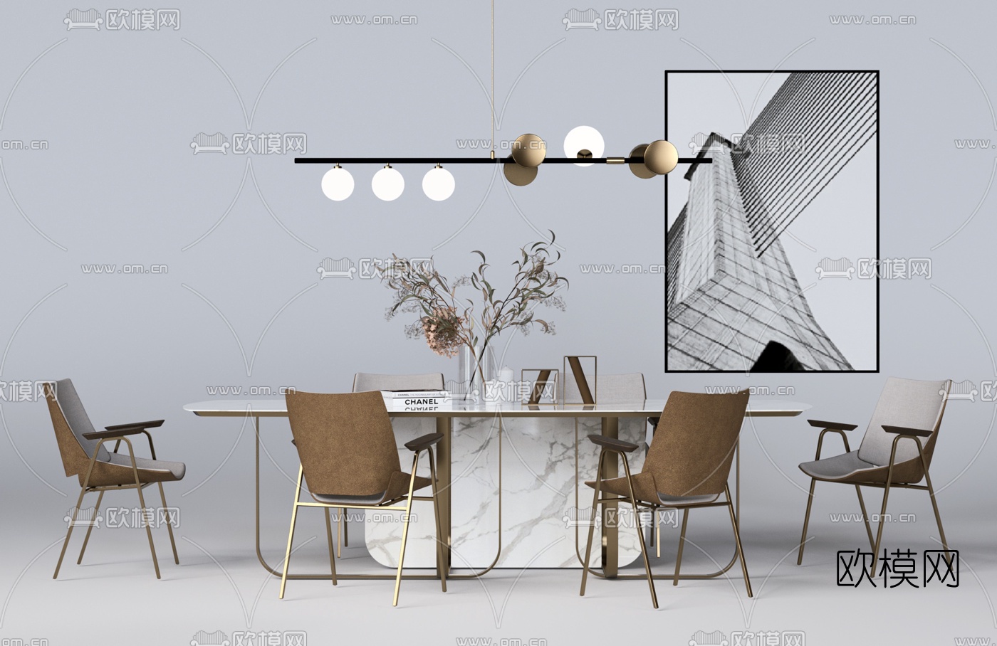 现代轻奢餐桌椅su模型下载（渲染图1）