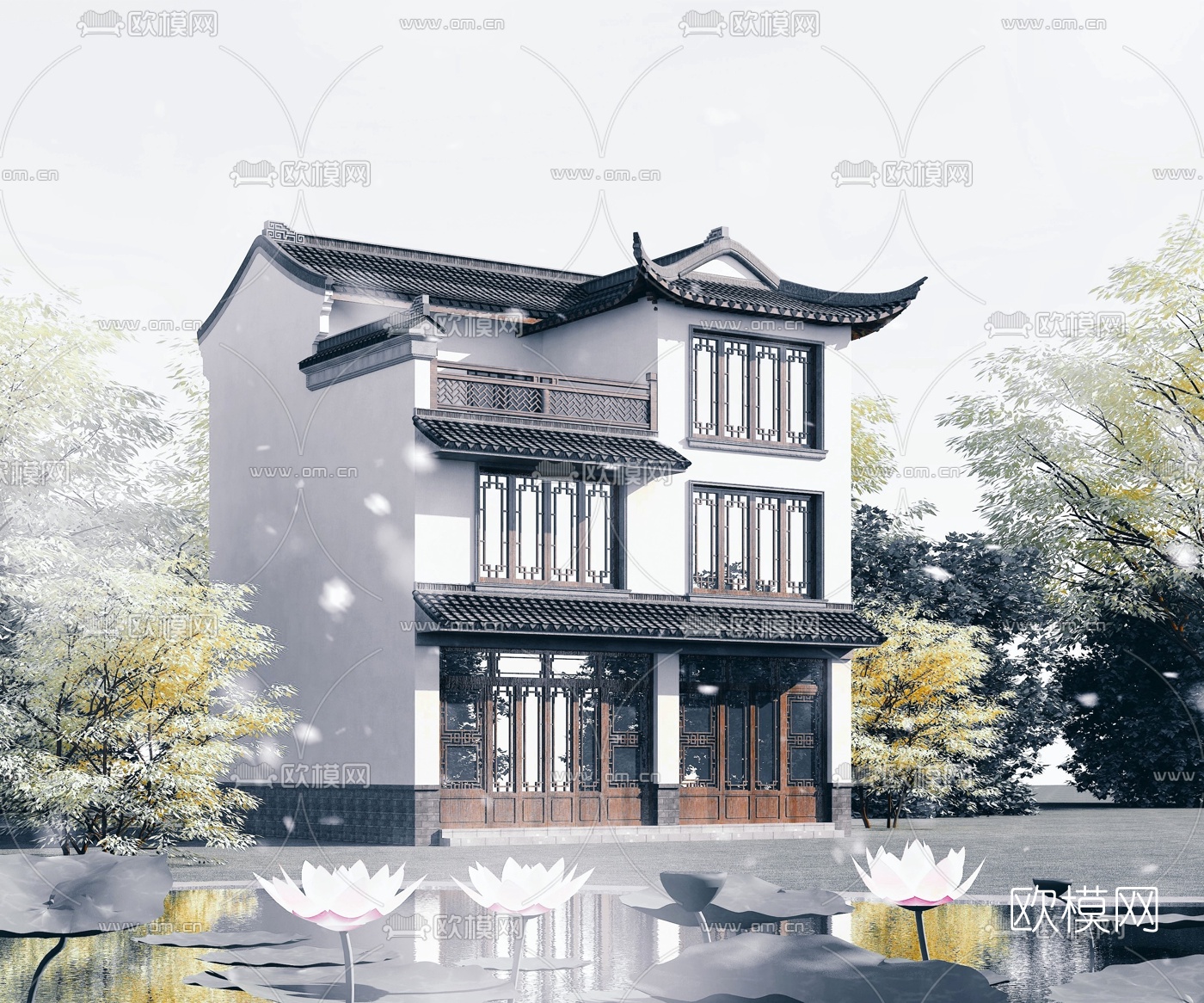 中式徽派别墅外观3d模型下载