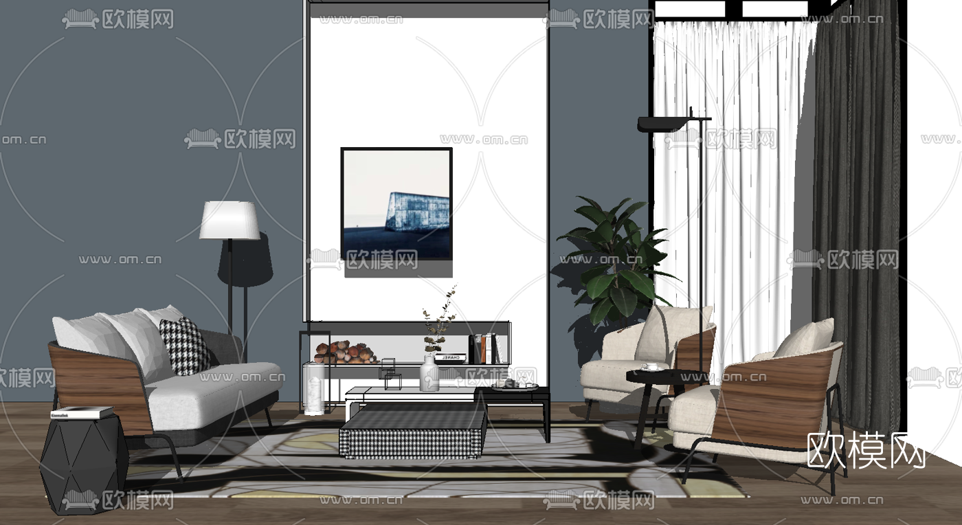 现代布艺沙发组合su模型