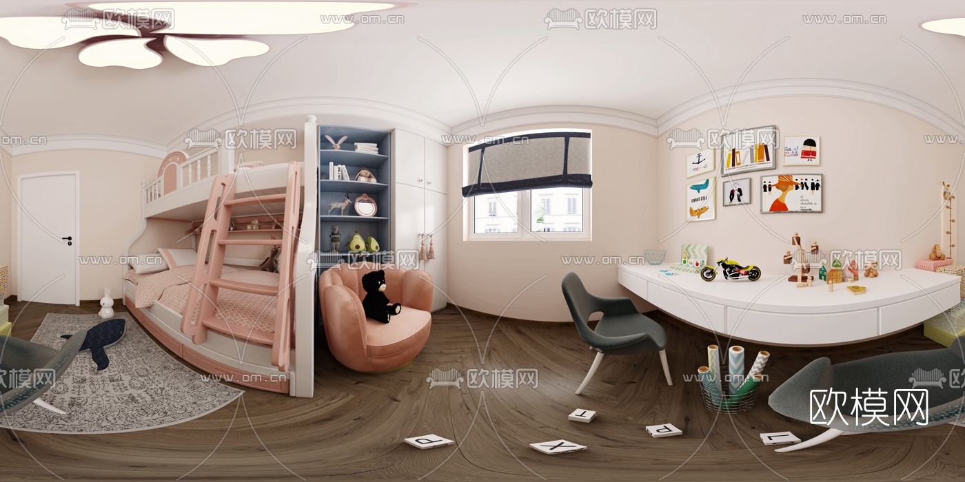 现代上下铺儿童房vr全景3d模型