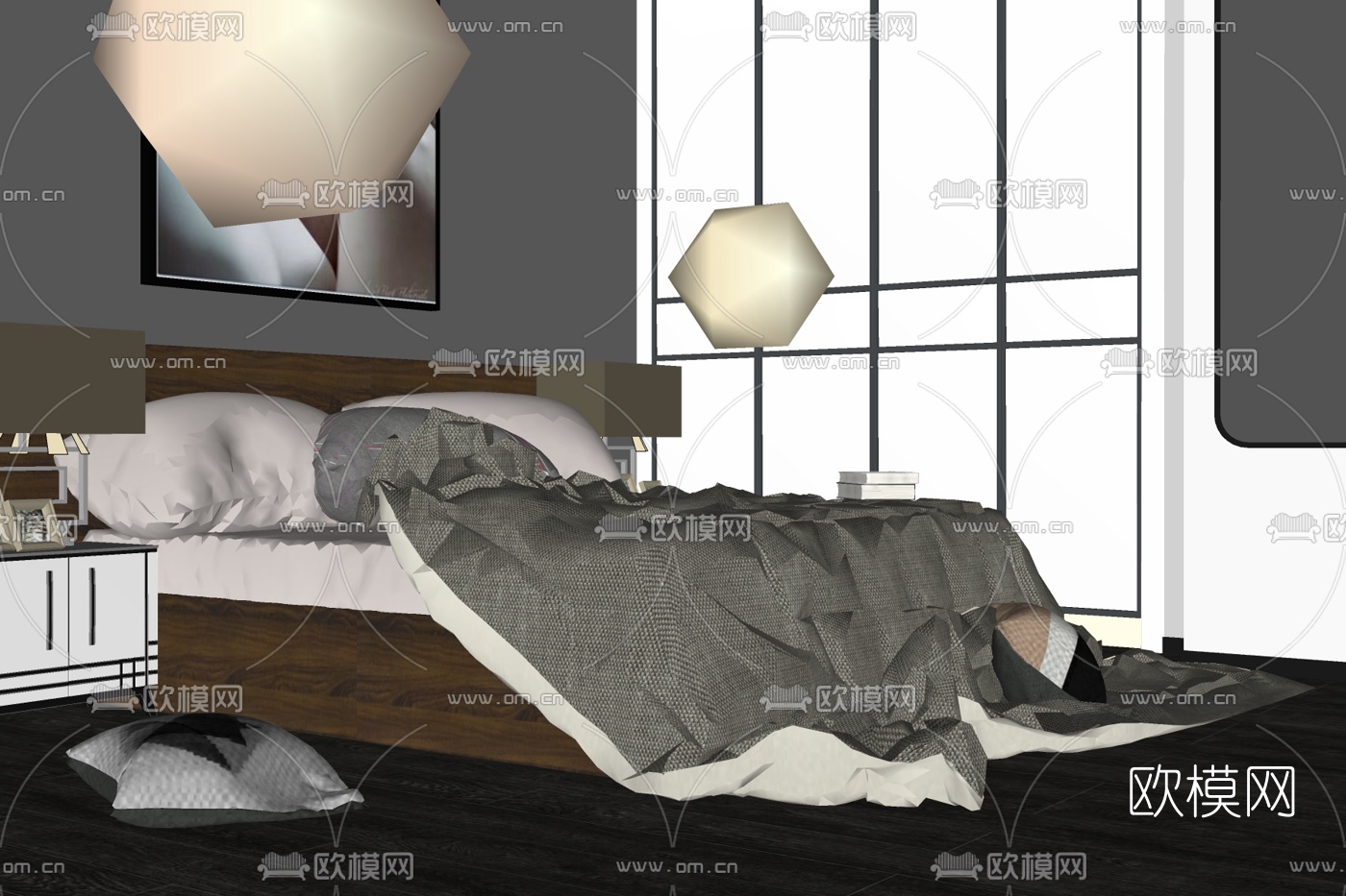 现代实木双人床免费su模型下载