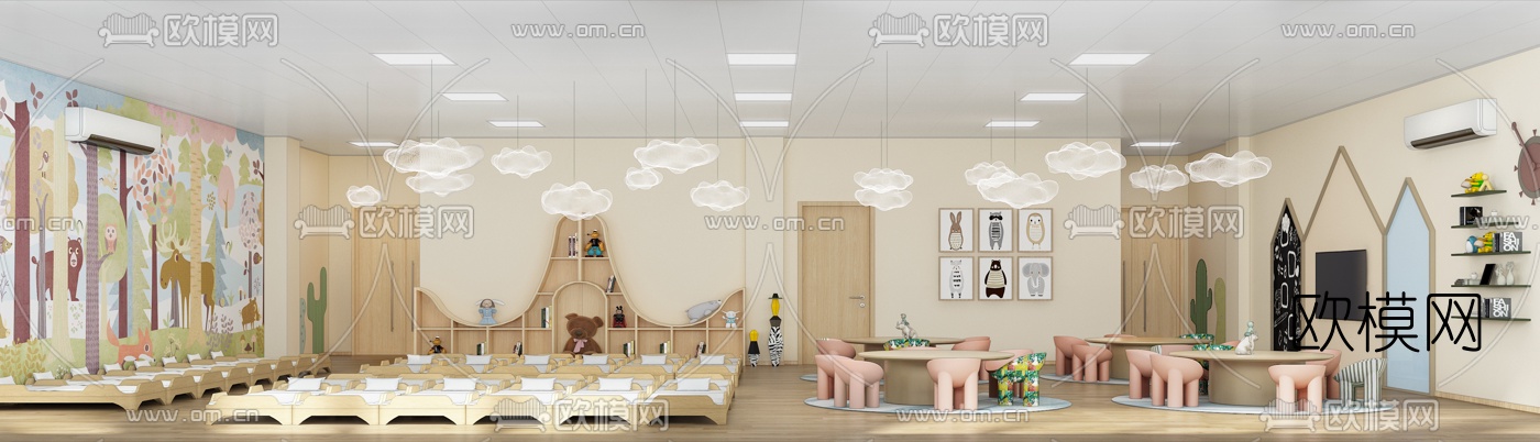 现代幼儿园午休室3d模型下载（渲染图1）