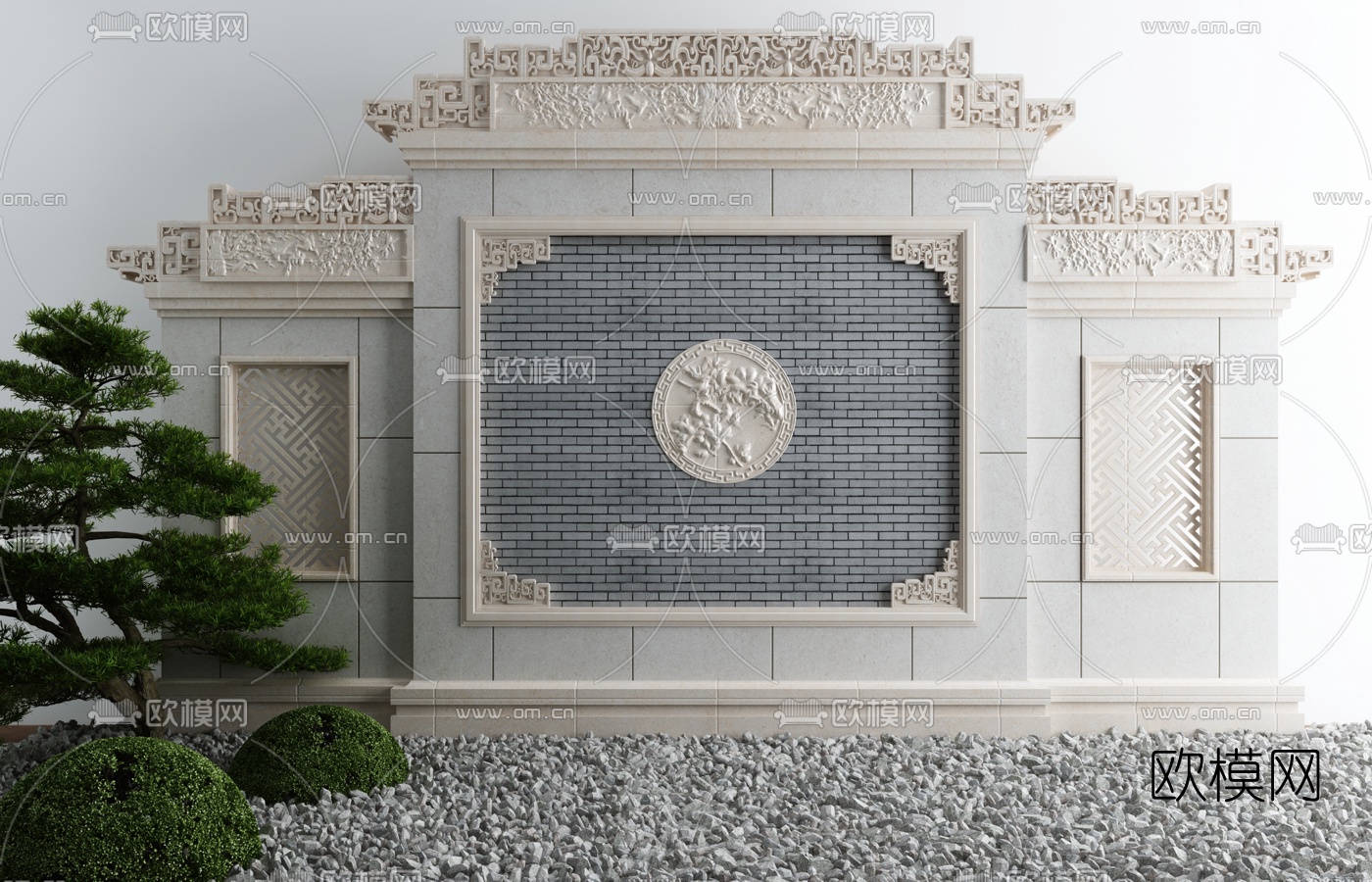 新中式庭院景墙影壁3d模型下载