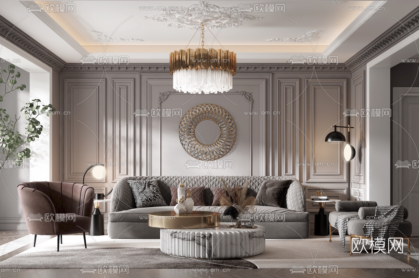 简欧布艺沙发组合3d模型下载（渲染图1）