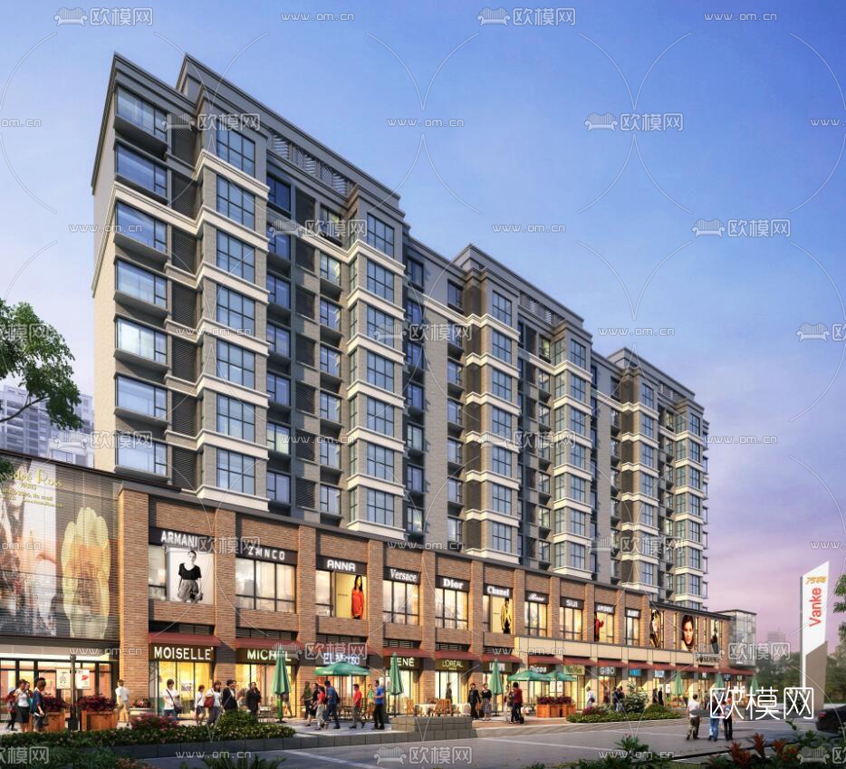 现代商住楼外观su模型下载（渲染图1）