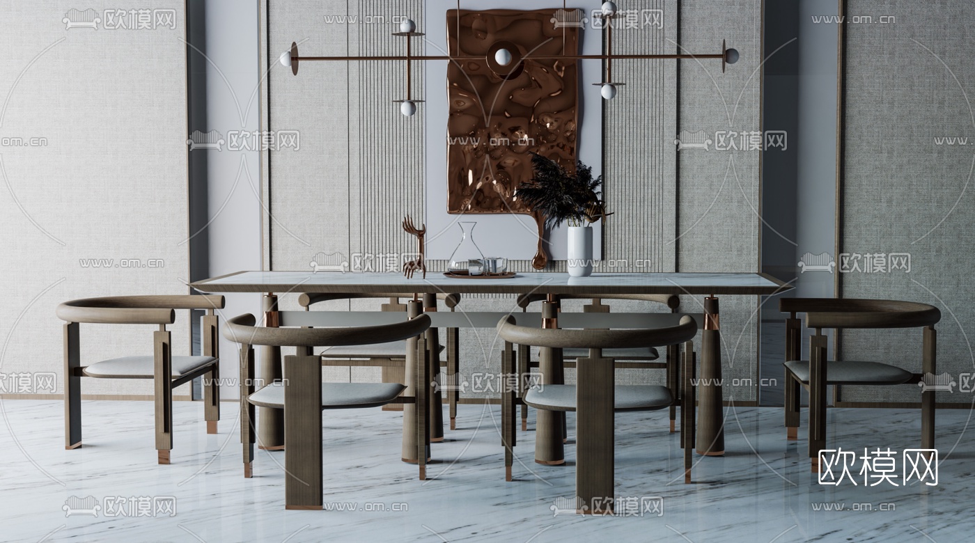 新中式实木餐桌椅su模型下载