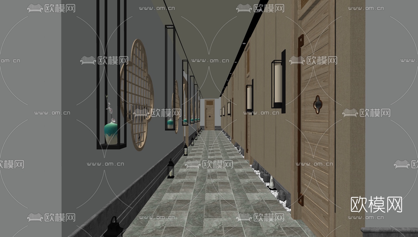 新中式酒店走廊su模型下载