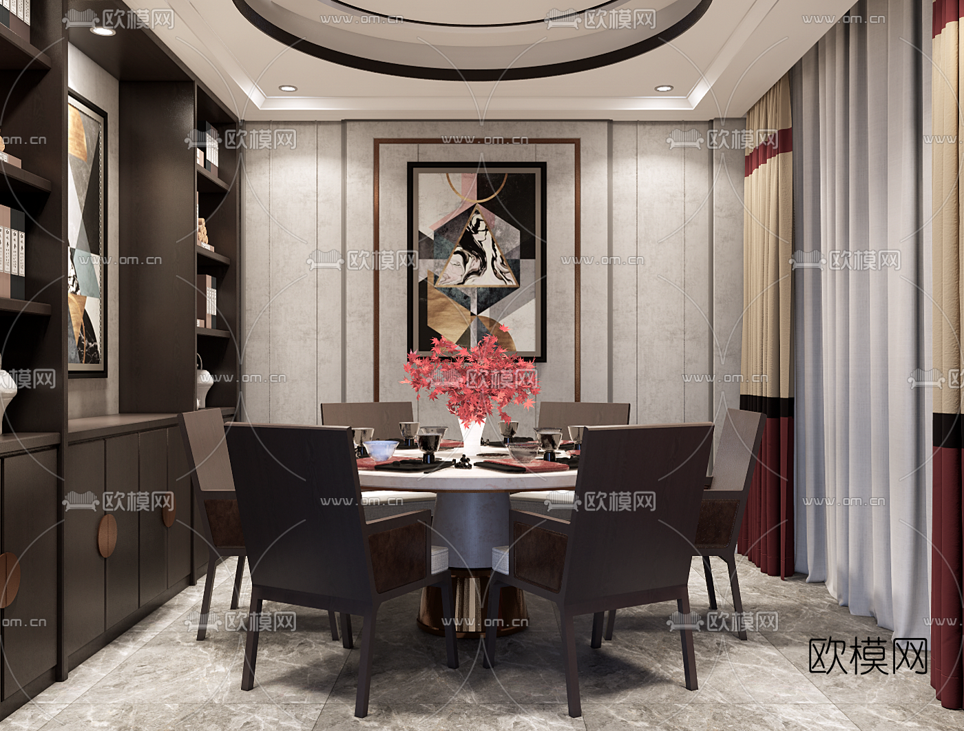 新中式餐厅su模型下载（渲染图1）