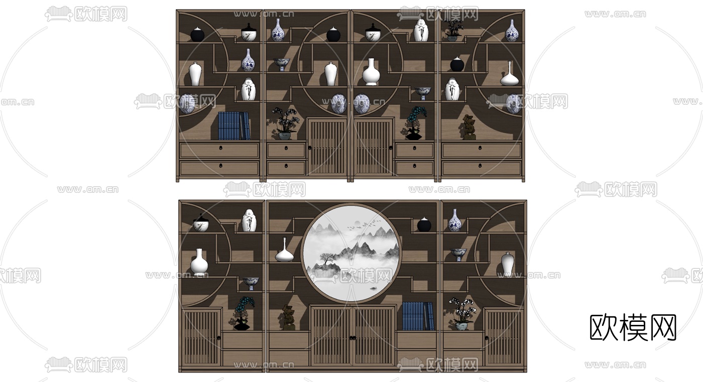 新中式实木博古架su模型下载（渲染图2）
