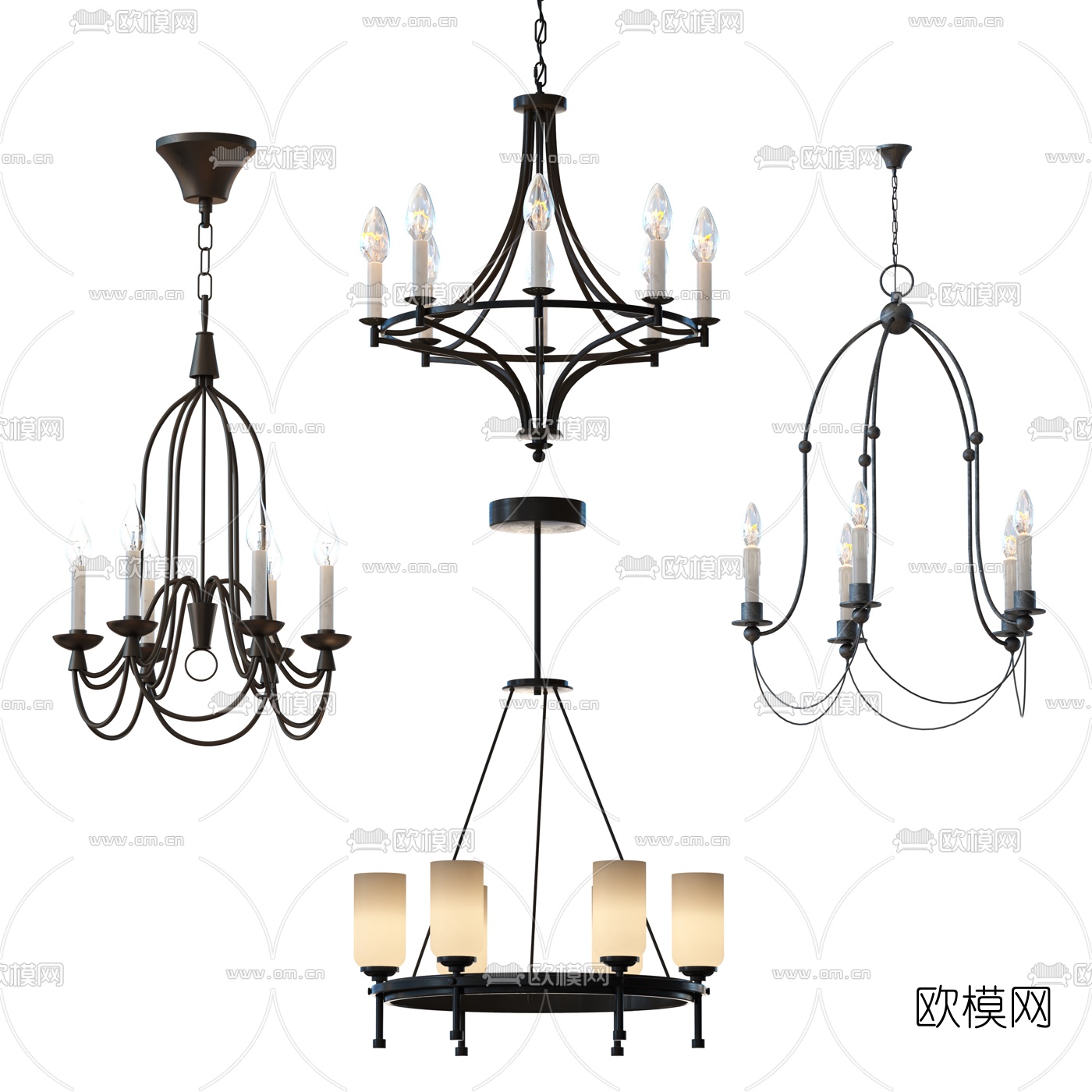 美式蜡烛多头吊灯3d模型下载