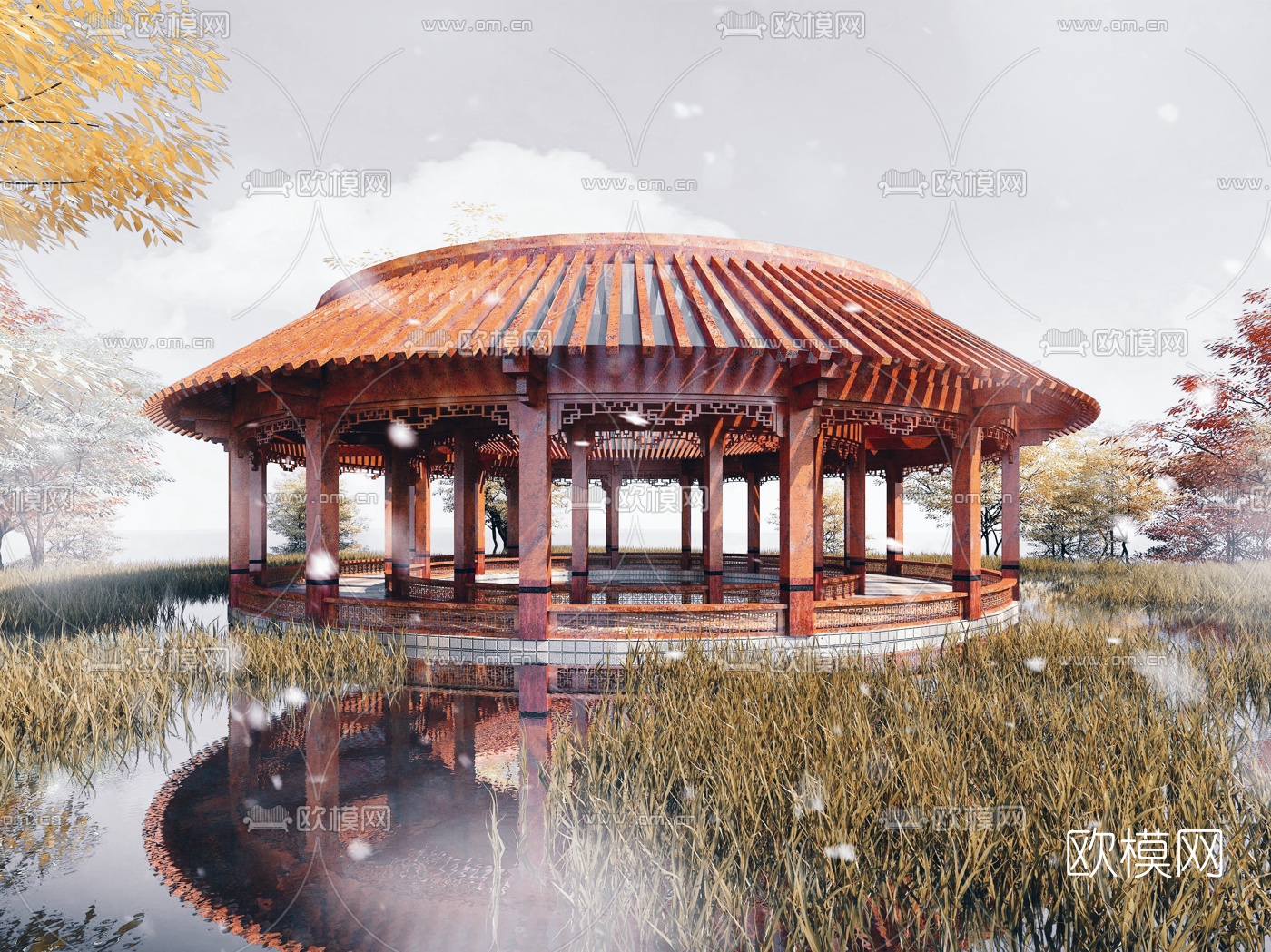 中式古建圆形凉亭景观亭3d模型