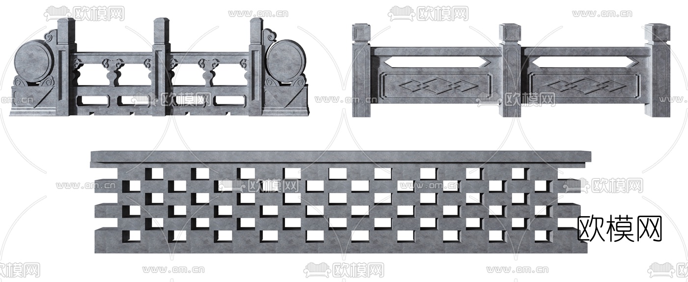 新中式石栏杆护栏3d模型