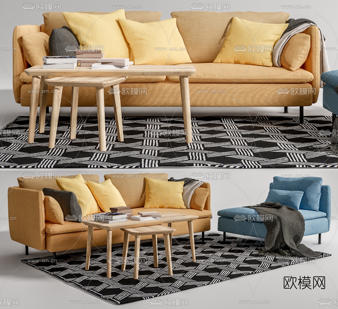 北欧布艺多人沙发su模型下载（渲染图1）