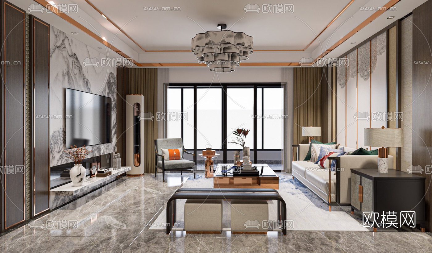 新中式客厅su模型下载（渲染图1）