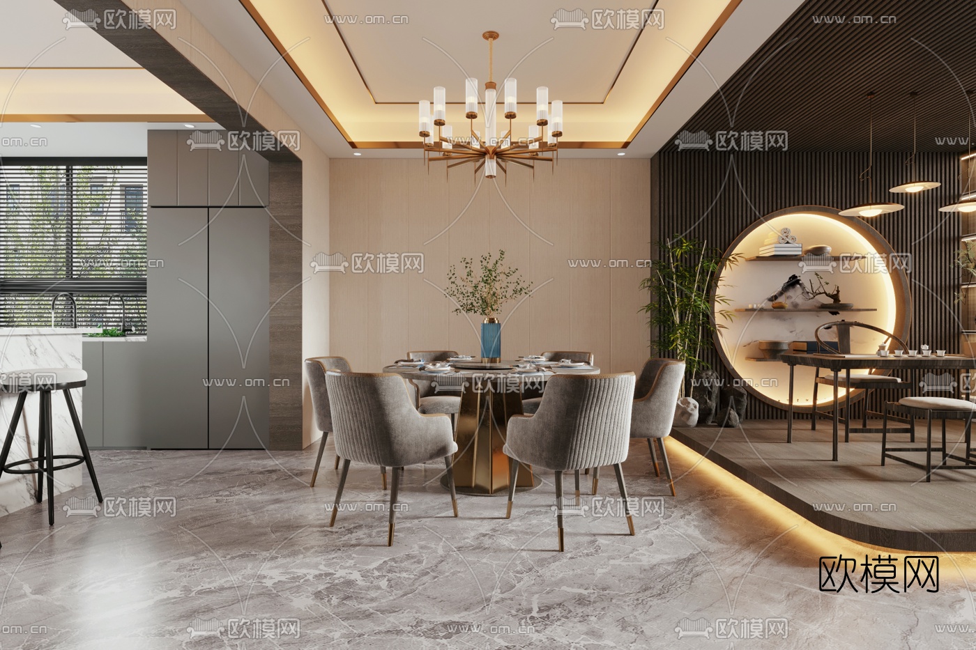 新中式别墅客厅餐厅3d模型