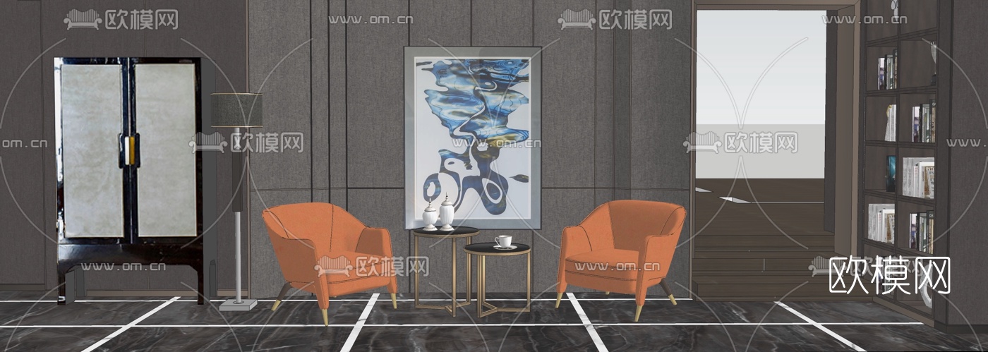 现代轻奢客厅su模型