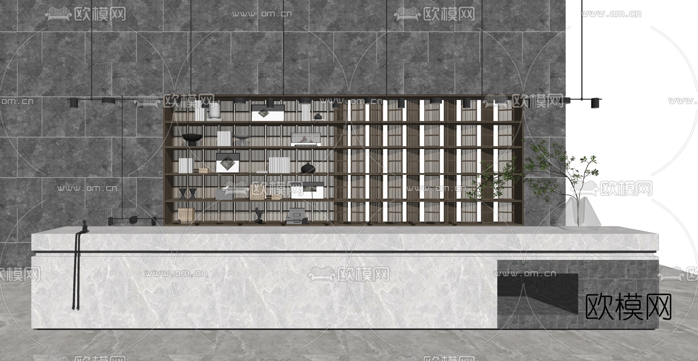 新中式服务台接待台su模型下载