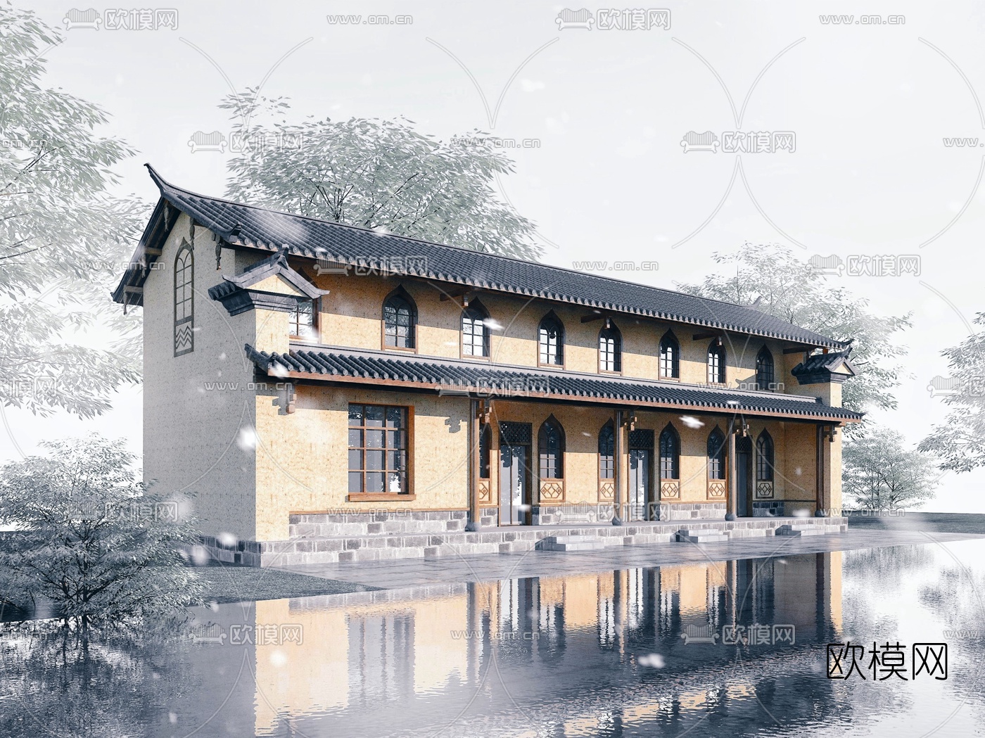 中式传统民房建筑外观3d模型下载